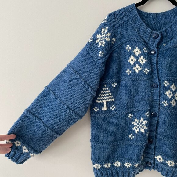 Handmade Cardigan Knit Sweater Button Front Snowflake Print Casual Blue Medium - Picture 5 of 6